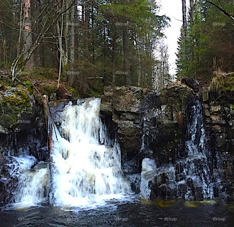 Icy waterfall in the forest