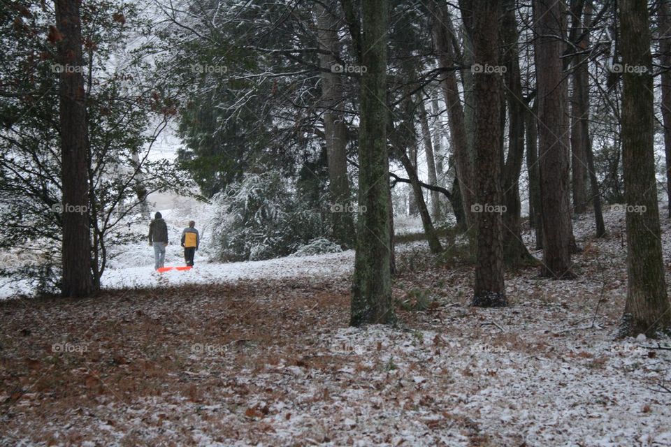 Children walking in snowy forest