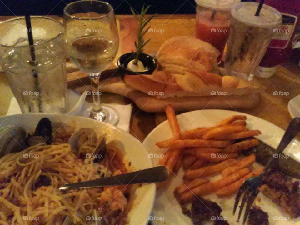 Dinner date with my daughter, steak French fries, linguine clams smells delicious
