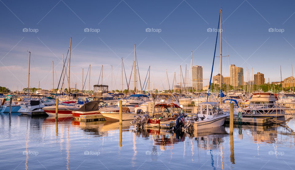 Summer boating season has begun!. Many boats in their slips in Milwaukee