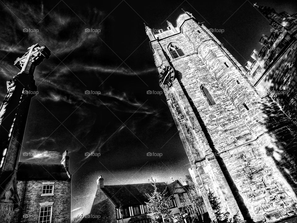 Church - Anglican Church of England traditional village parish church in the English Midlands Warwickshire England uk - edited in high contrast black and white 