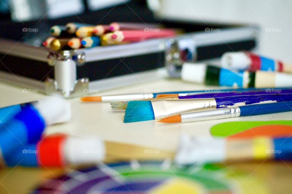 Paints, brushes and pencils 
