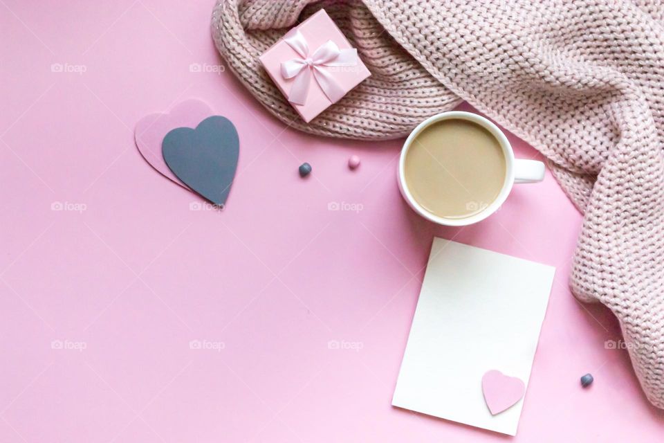 Flat lay composite on pink background coffee and gift