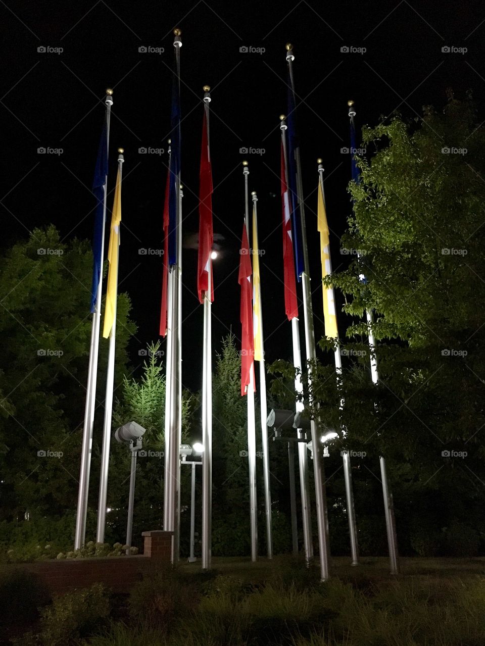 Flag poles at night