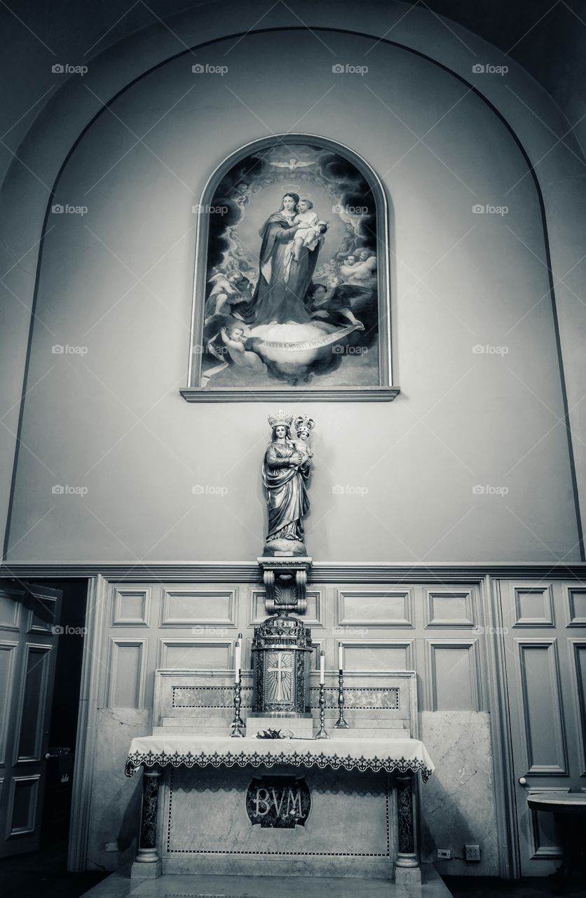 An altar at St Louis Cathedral, New Orleans, USA. Monochrome version.