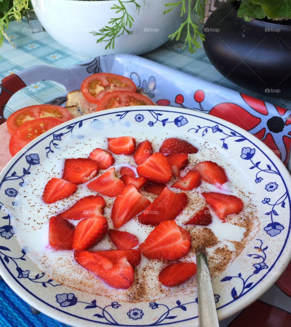 High angle view of slices of strawberry