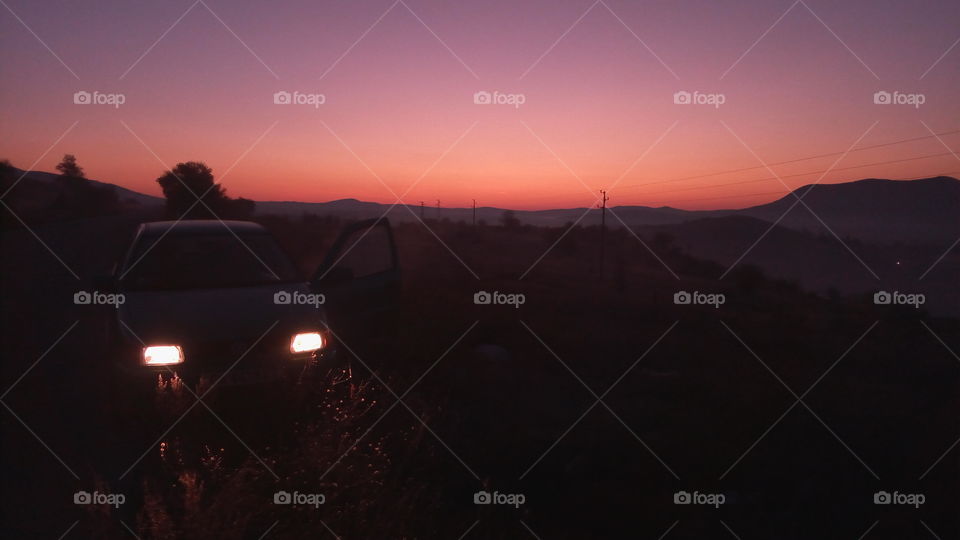 Car, sunrise, landscape