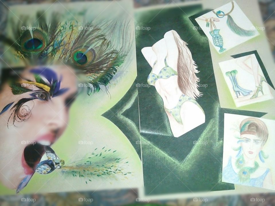 green colour story

its a magazine cutting a beautiful face with artistic makeup I have taken it as a theme for swimming suit and other accessories. main colour scheme greens with peacock's feature colours.