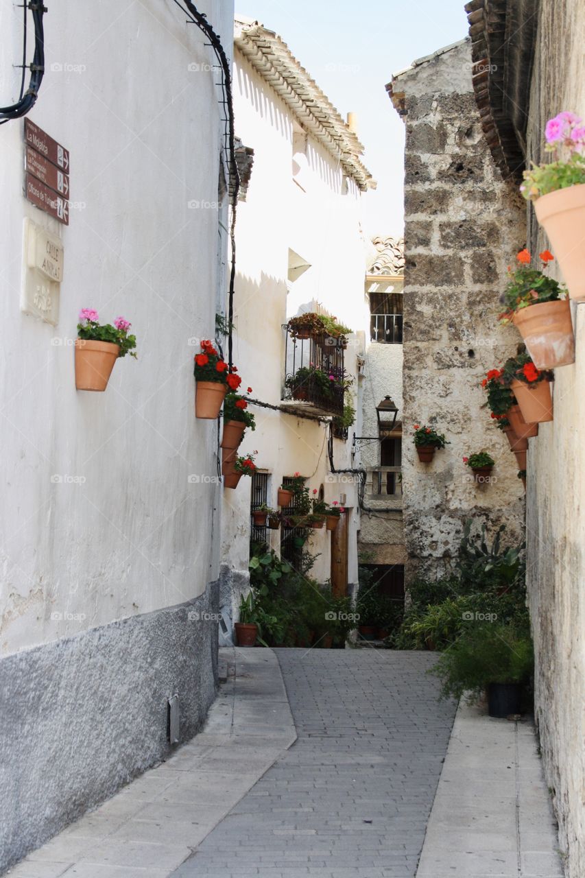 In a town in Spain I came across this beautiful rural street. The street is very narrow and there are flower pots on the walls of the houses.