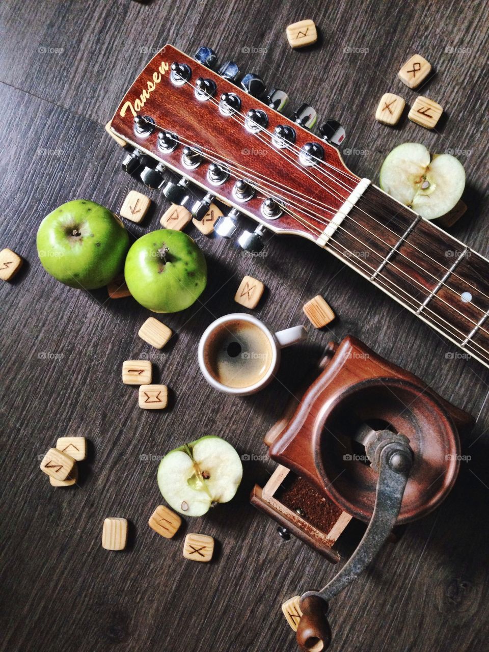 Apples., runes and guitar 