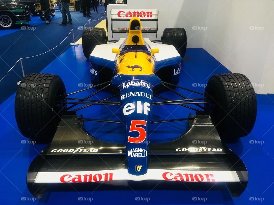 Nigel Mansell’s Williams Renault FW14 Formula One car. World Champion 1992. At the London Classic Car Show, Excel. Spring.