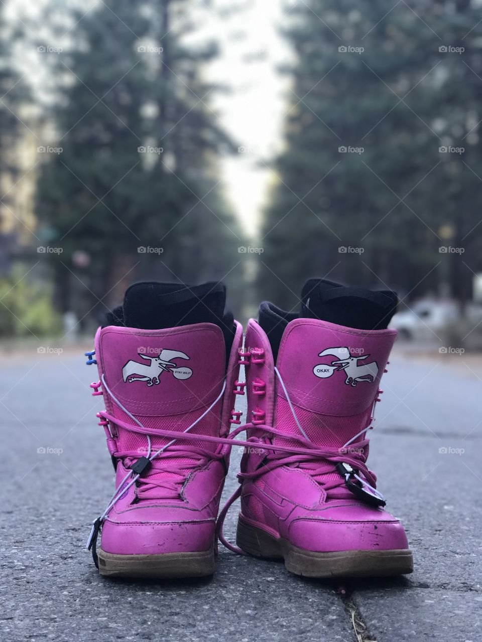 A bright pink pair of used and slightly worn snowboard boots on display in the middle of an empty mountain town road. 