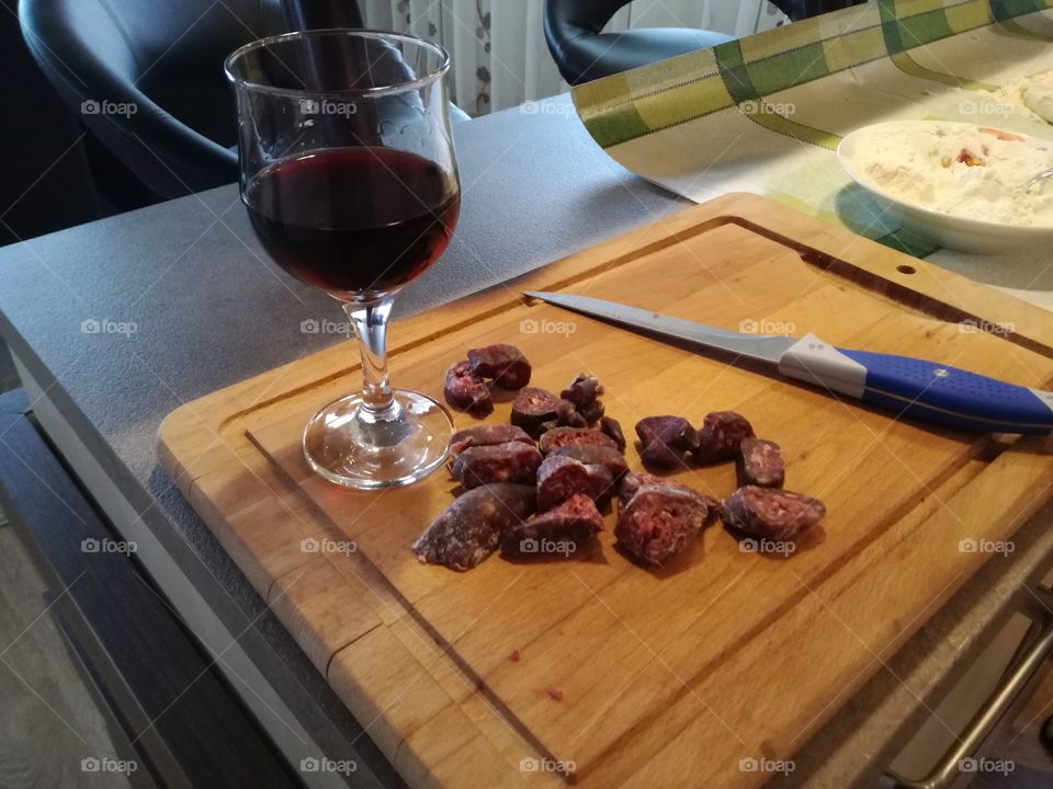winter night with wine and meat is a grear night out away from freeze