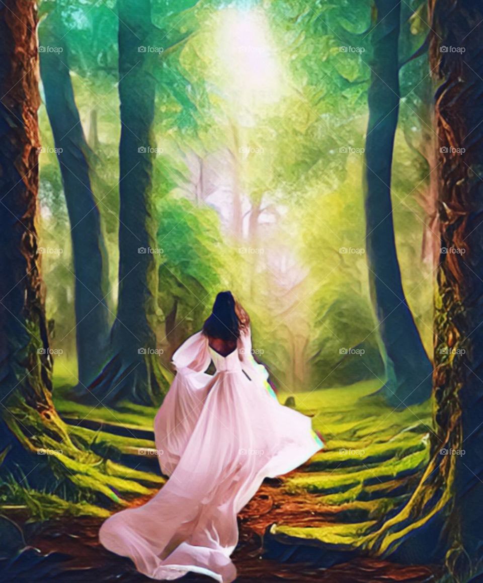 A woman in a white dress walks alone in the forest