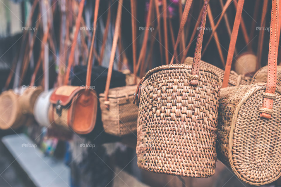 The traditional market in Bali.  Rattan bags.