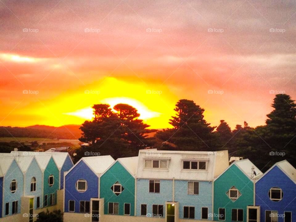 Victoria on the south coast. Sunset with coloured buildings. 