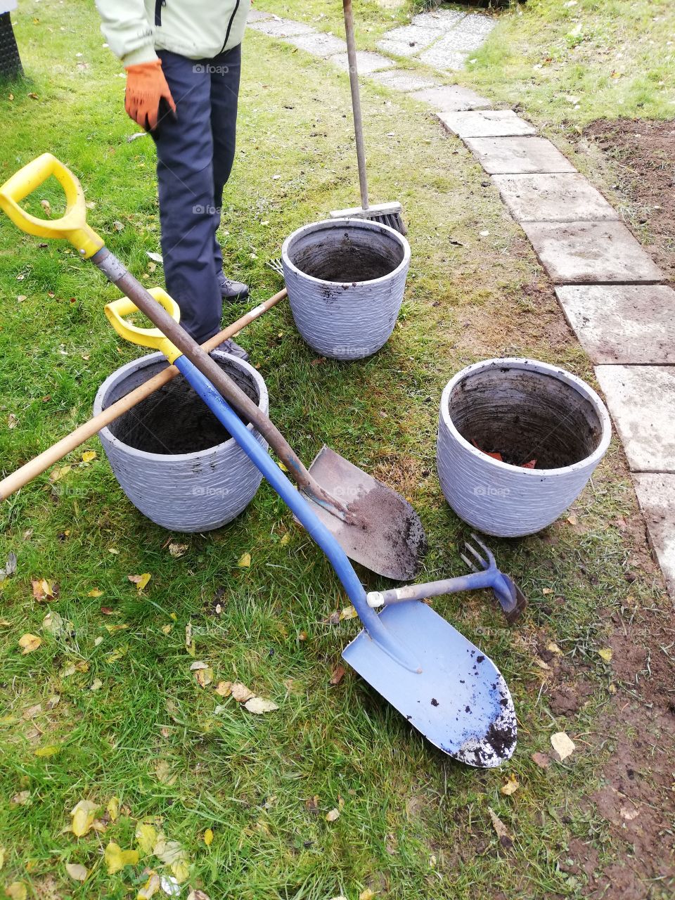 The tools of gardening: a rake and two shovels leaning on the empty flower pot. A hoe on the grass and a man standing a brush in his hand. The tiles for passing are set in the ground one after another