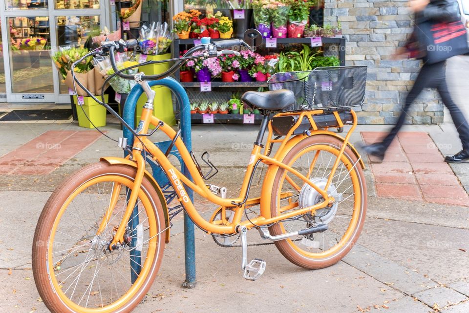 Orange electric bike with flower backdrop 