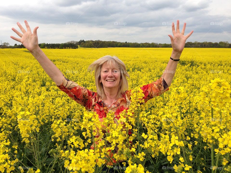 Field of gold. Rapeseed, flowers, crop, field, woman, female, happy, yellow, golden, freedom, plants,