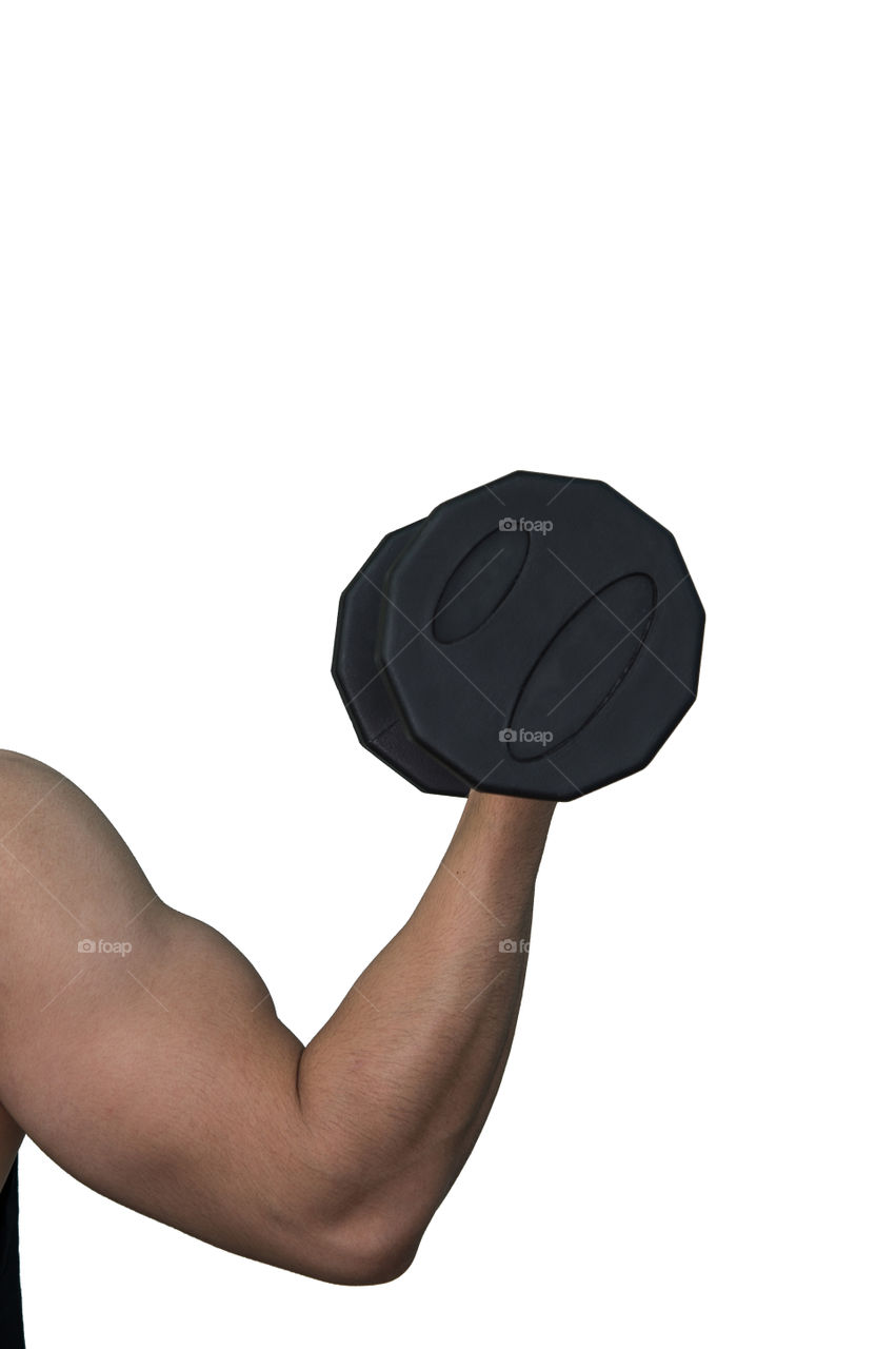 hand man is holding dumbbell isolated on white background with copy space exercising working out at the gym or fitness.