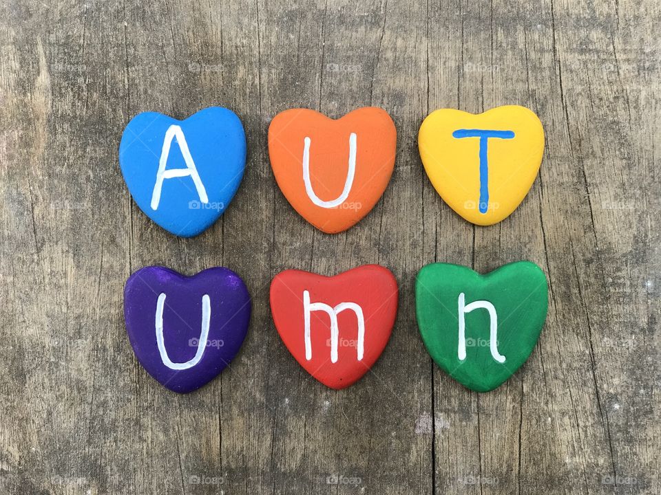 Autumn text with colored heart stones over an old wooden board