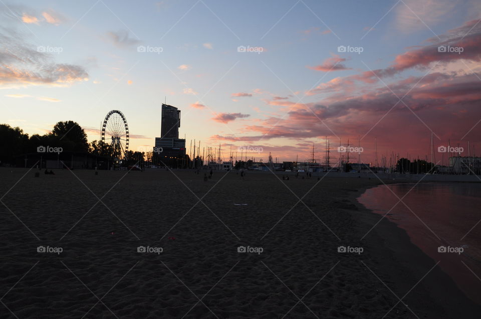 Sunset, City, Evening, Water, River