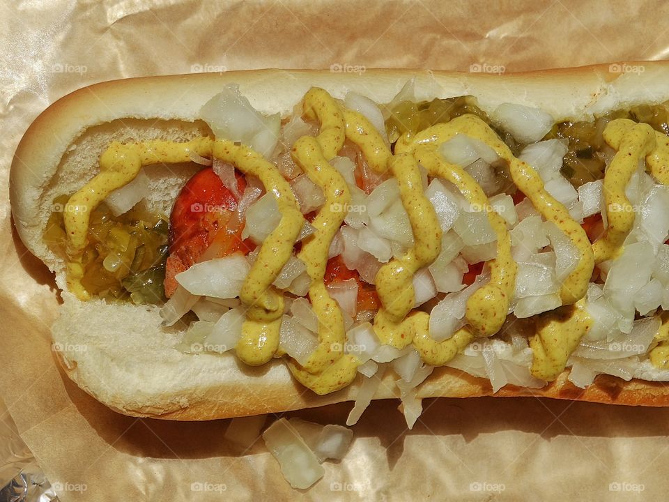 All-American Hot Dog. All Beef Kosher Hot Dog With Spicy Mustard And Relish