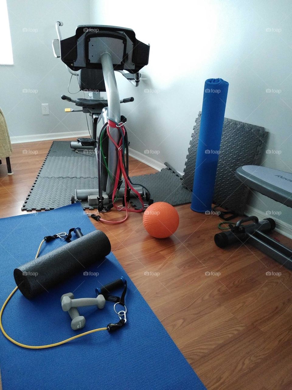 I enjoy working out. Photo is of the exercise room. Things in the room include an exercise bike, a couple of yoga mats and some weights.