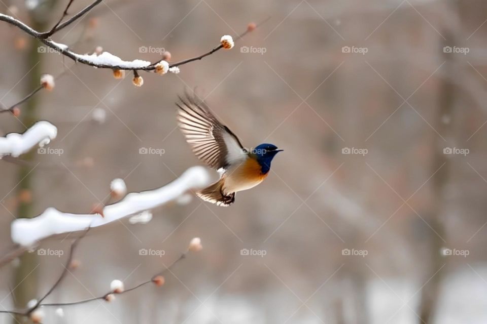 Flying bird and snow-covered branches are visible in the background.