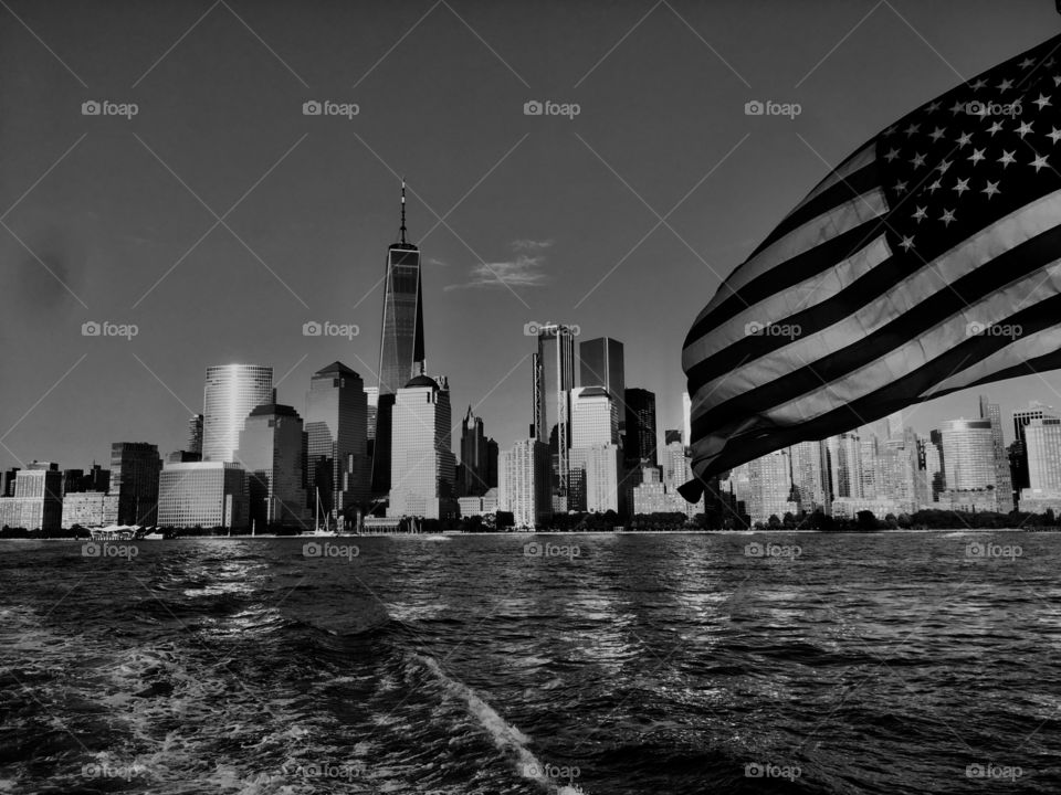 New York with American flag waving 