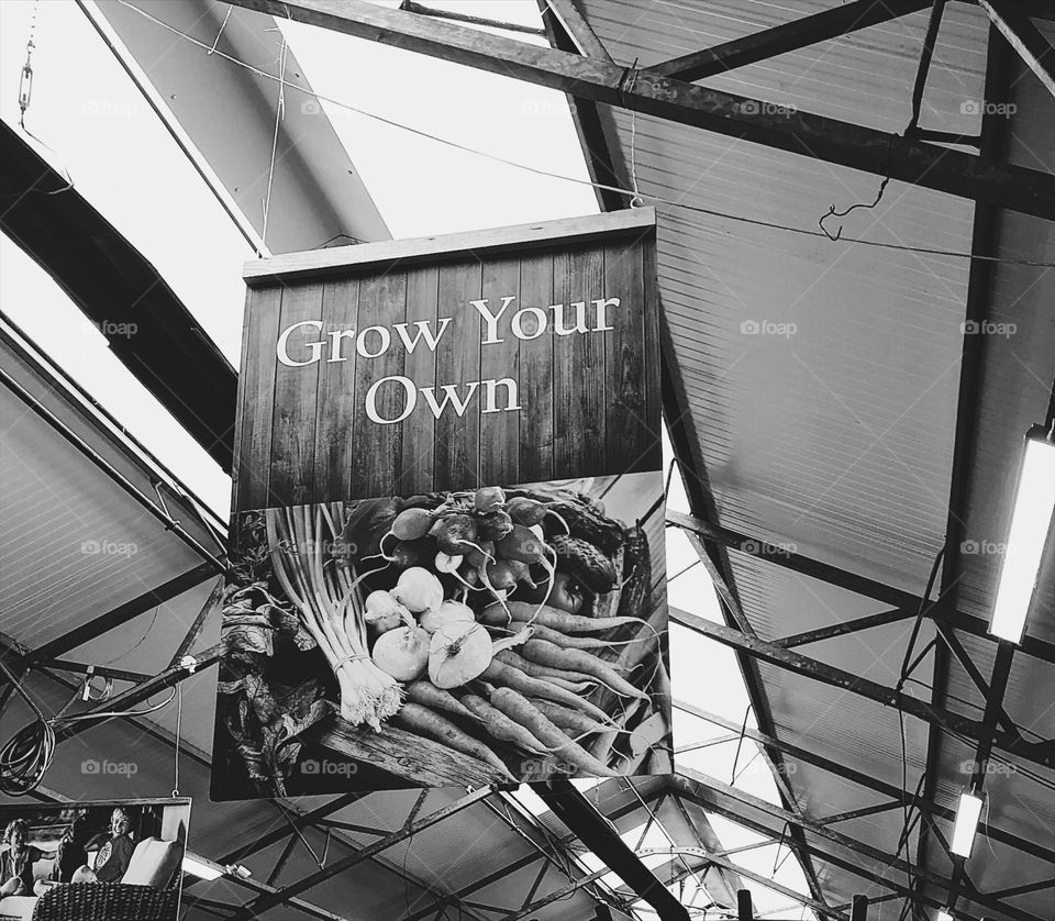 Black and white gardening sign hanging from Ceiling saying grow your own 