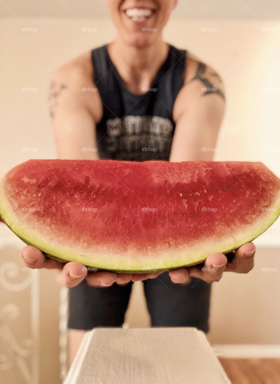 Woman With Huge Slice Of Watermelon, Girl With Watermelon, Watermelon Portrait, Farm Fresh Fruits, Home Grown Fruit, Watermelon In The Summertime 