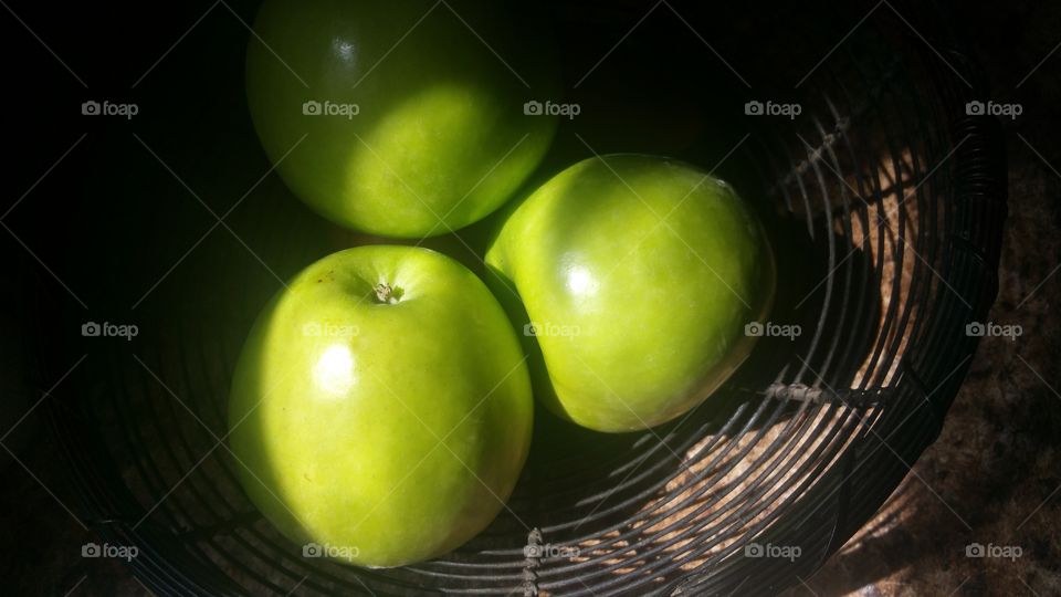 High angle view of green apples