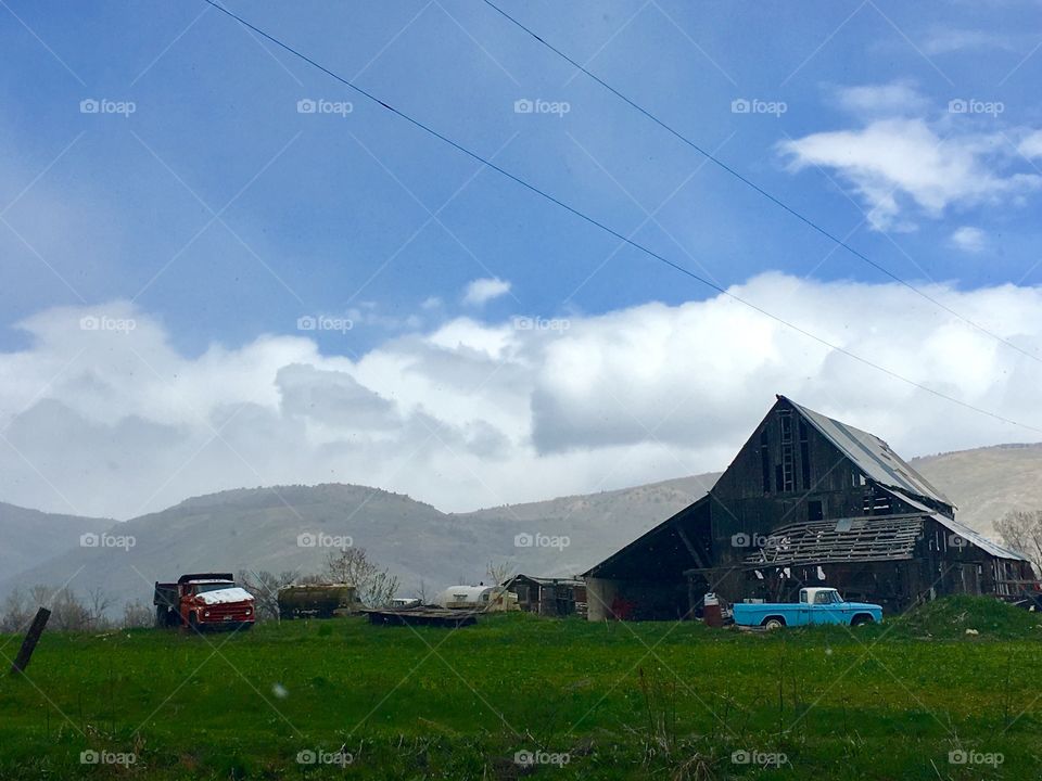 Barn, old cars, past, field, green, sky, old, view, mountains 