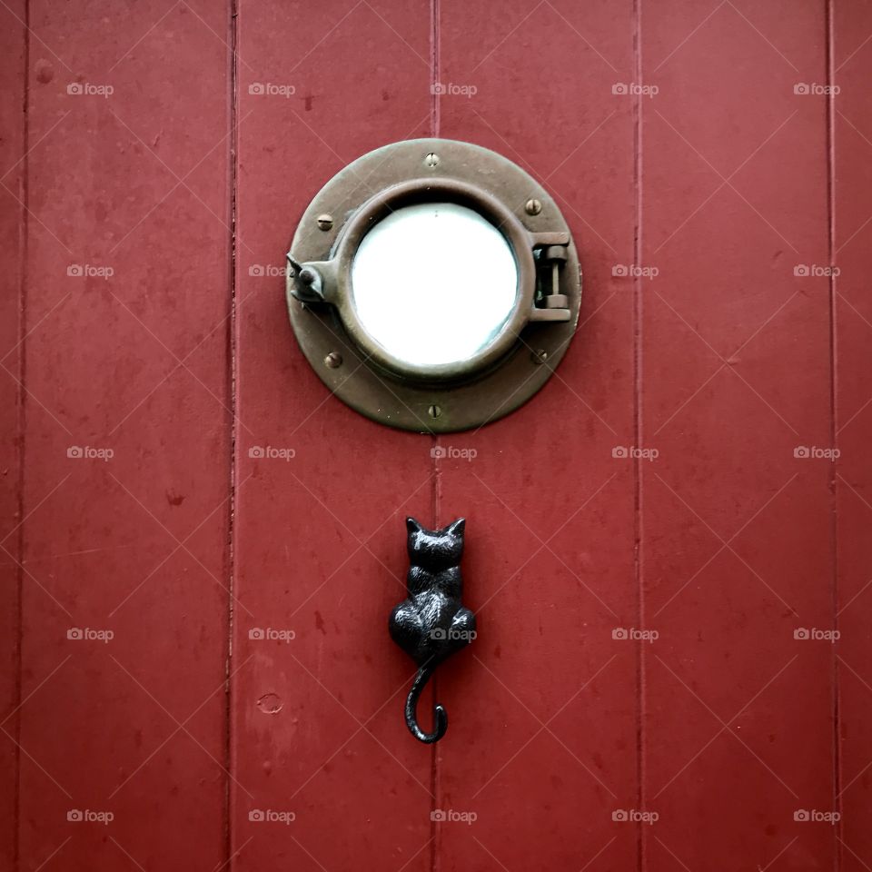 Cat shape door knob in red door.