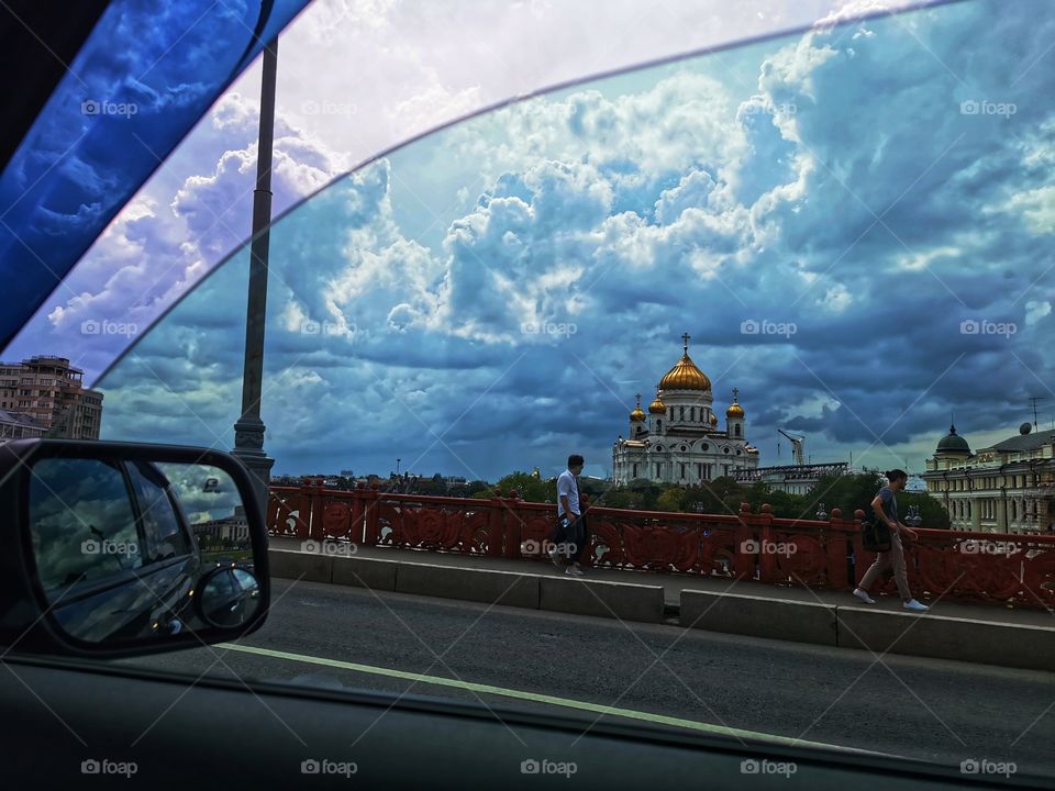City moscow center town day sky moody road way view window car building mirror outdoor outside