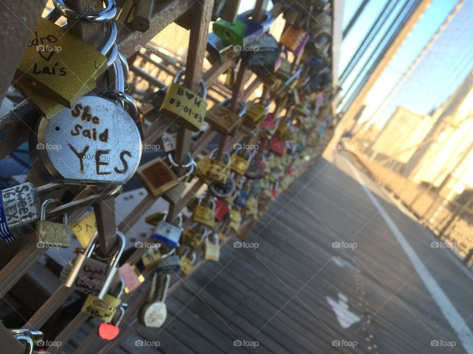 She said yes. Brooklyn bridge in the morning: lovers' locks 