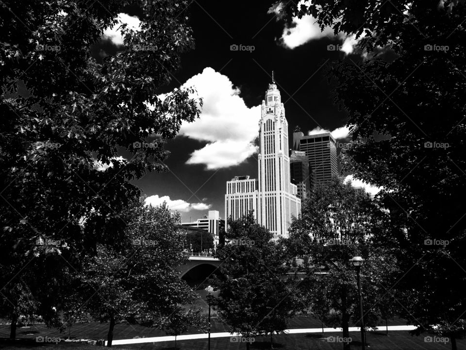 Black and white cityscape.