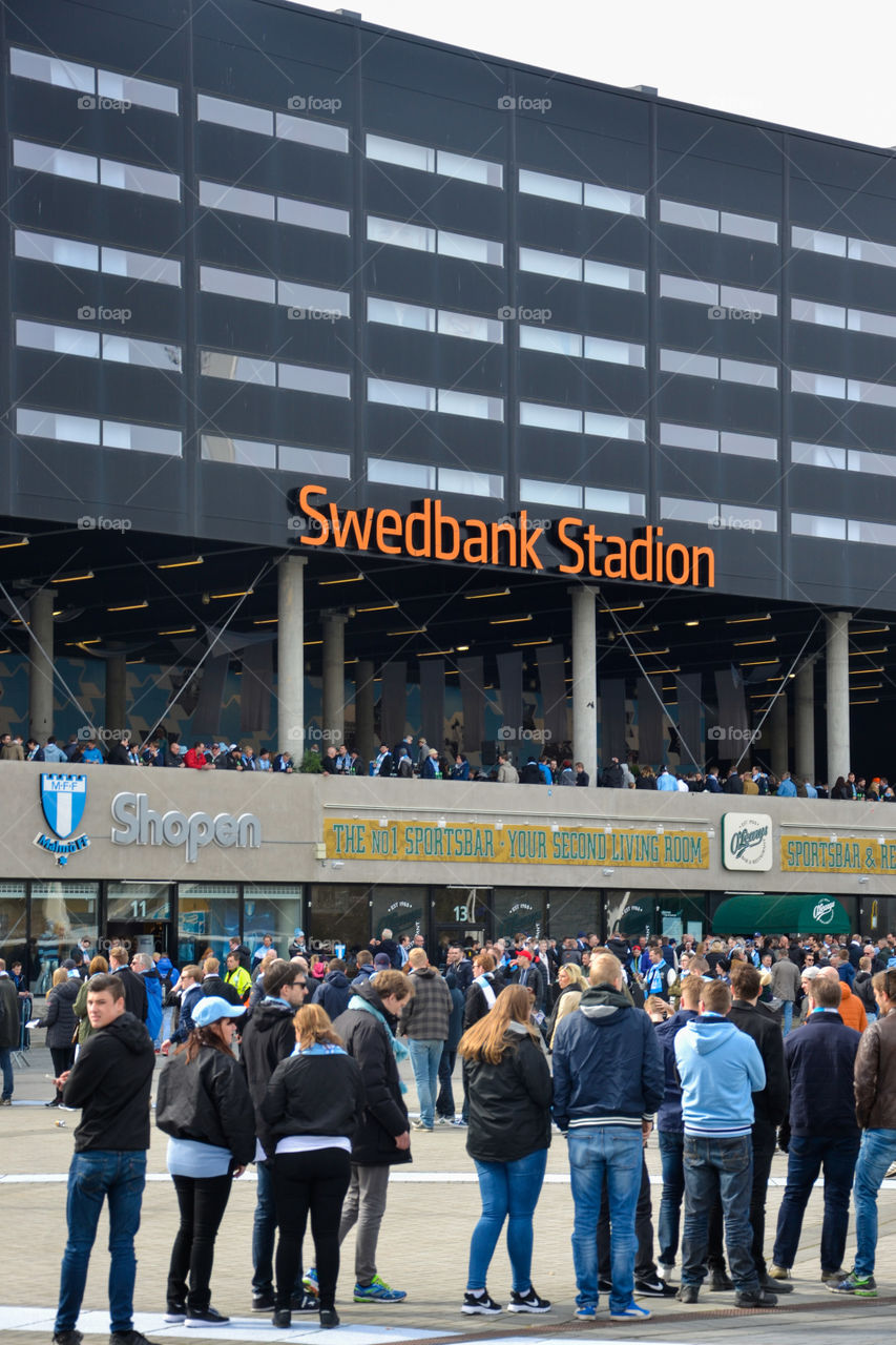 Swedbank Stadium arena in Malmö Sweden. Football game premiere with Malmö top team Malmö FF, start for the football season.