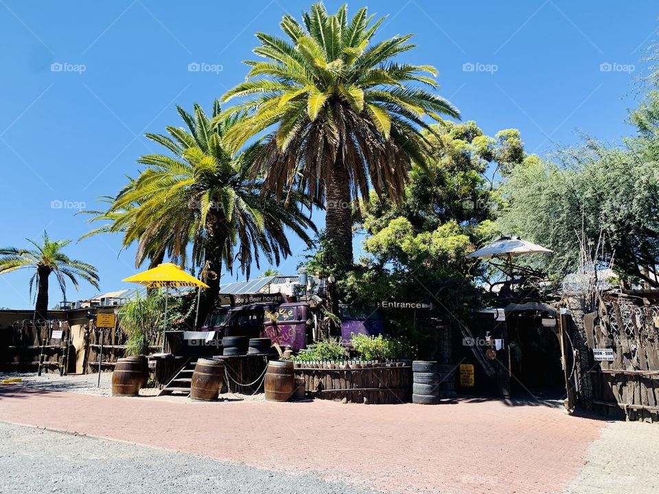 Palm tree, yellow gazebo, oak barrels decorating an entrance of a tavern. 