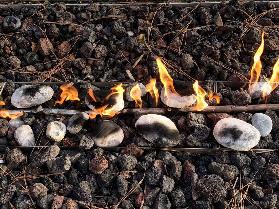 Topview of decorative fire pit on autumn evening. 