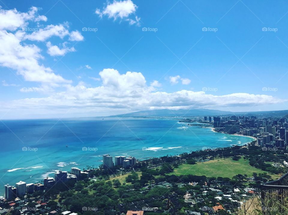 Sea view at the top of diamond head trail, open sky view, Hawaii Oahu Honolulu. City view 