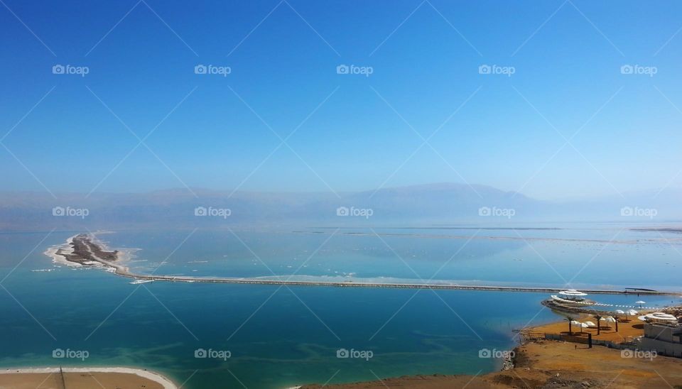 The Dead Sea and mountains of Moab seen in haze