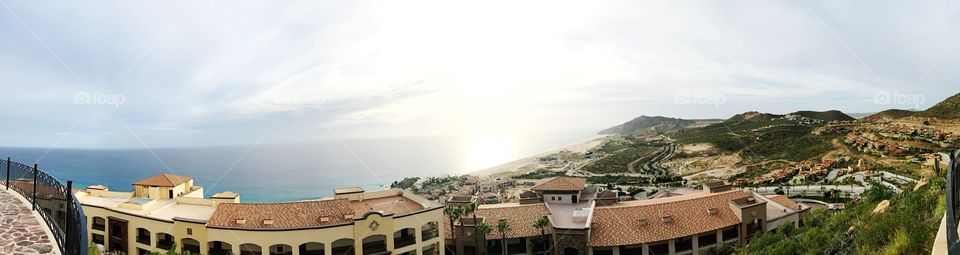 Cabo San Lucas and Pacific Ocean view from the top of a resort. 