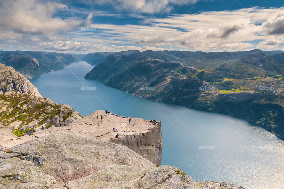 View at the Preikestolen, the Pulpit Rock over the Lysefjord in Norway. Europe.
