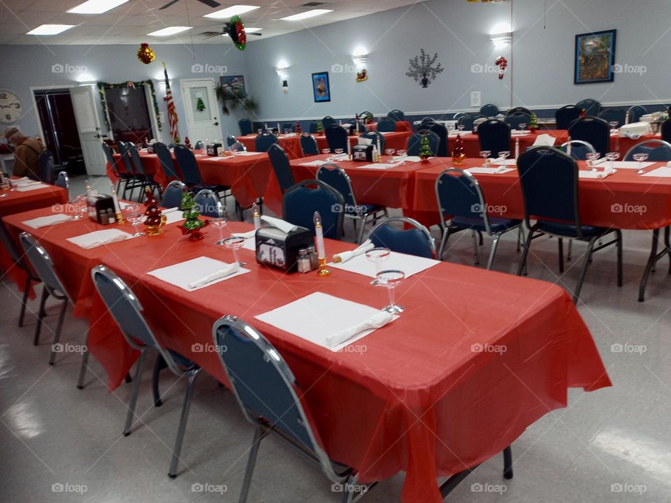 senior center is decorated for the Christmas party later after lunch today.