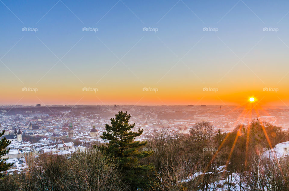 Lviv cityscape during the sunset