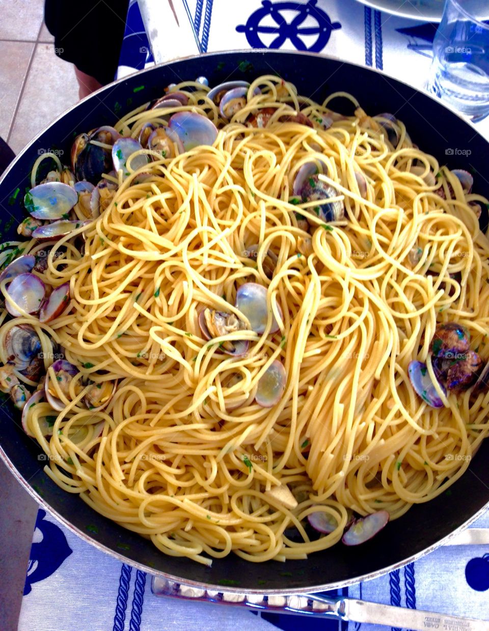 High angle view of pasta with seafood