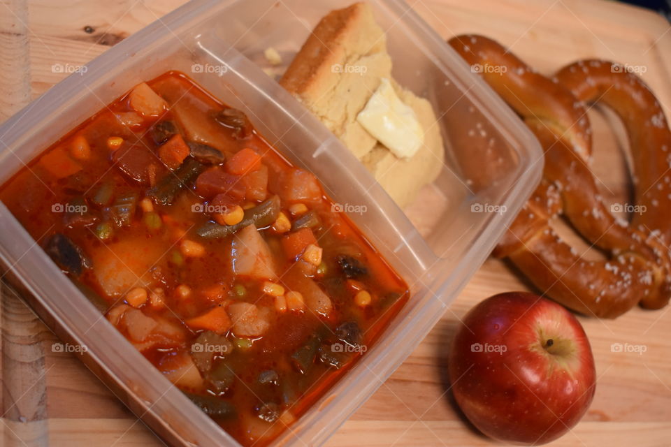 vegetable soup and cornbread for lunch box for work.