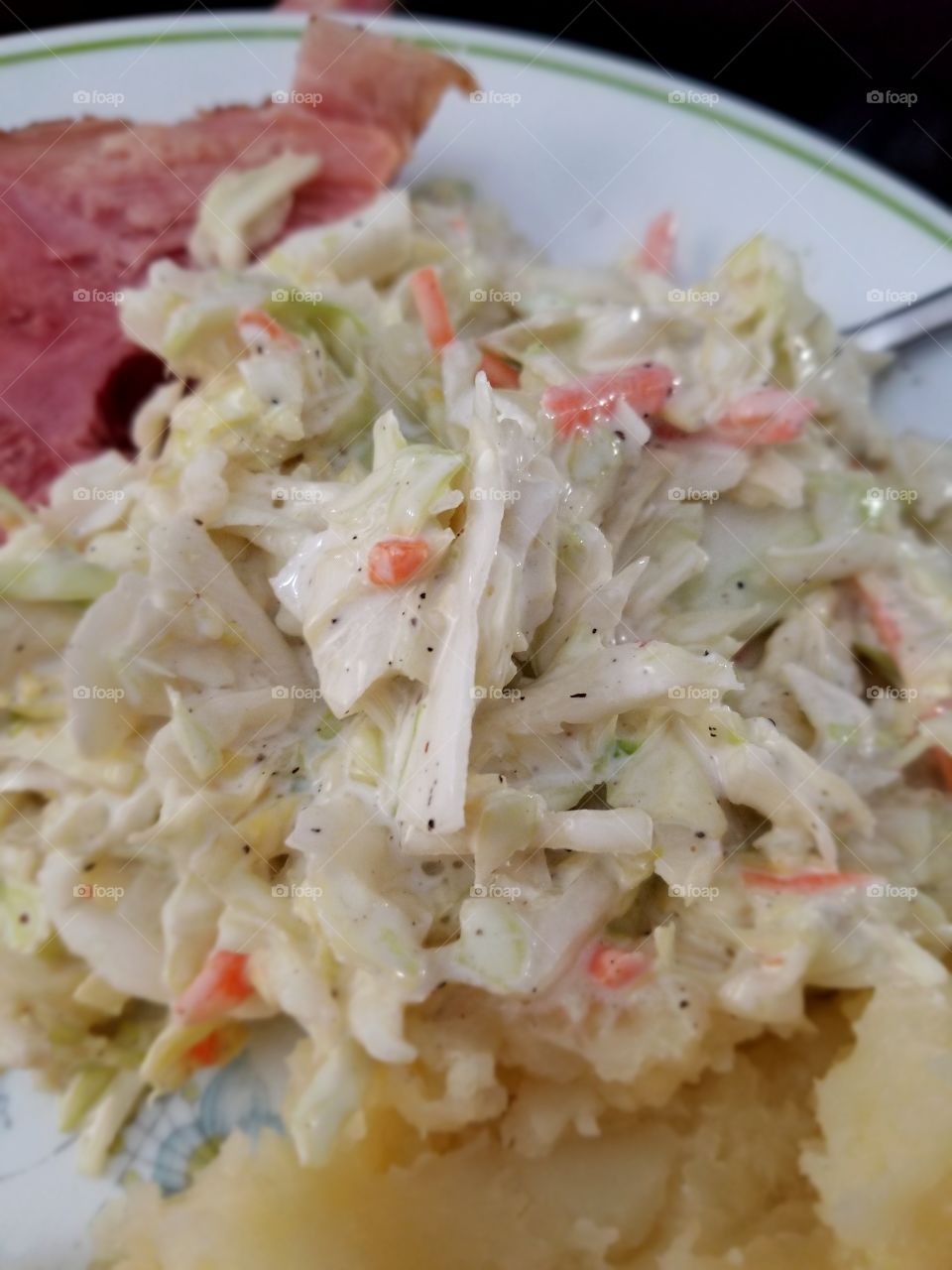 coleslaw and potatoes with ham
